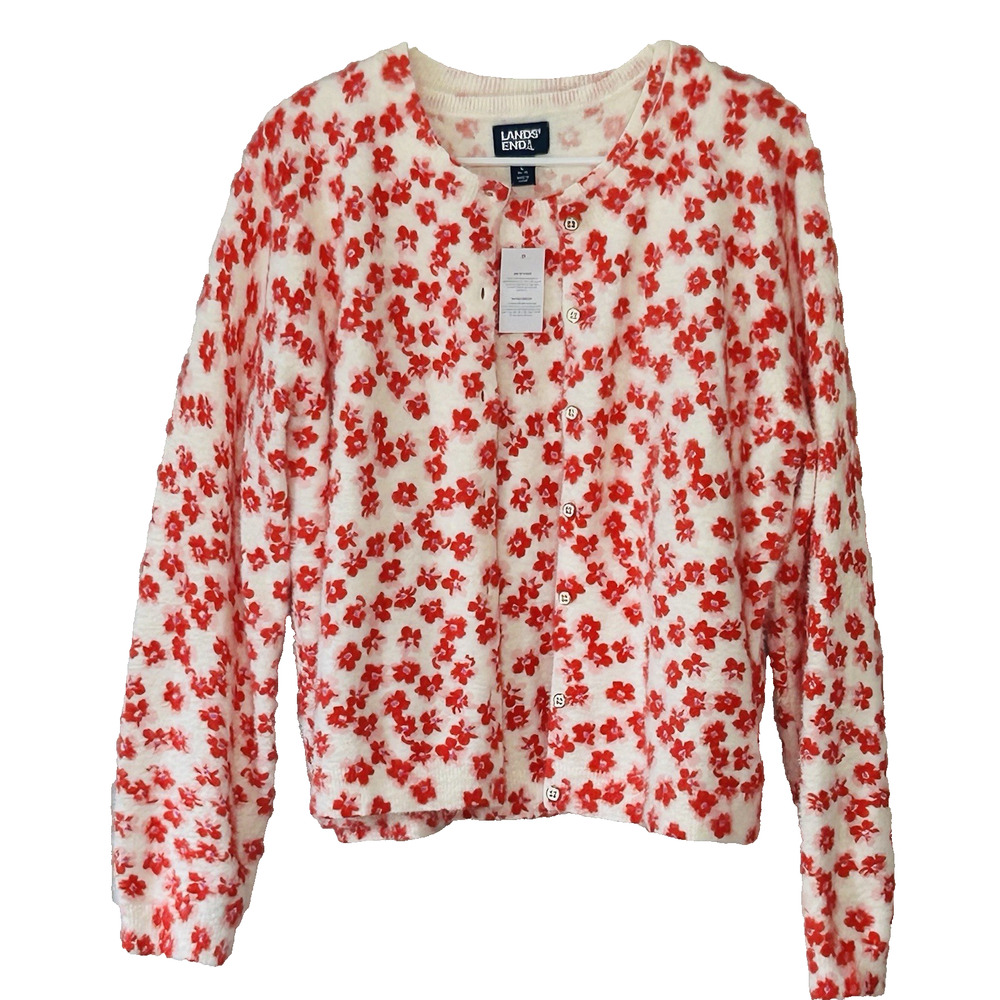 Lands End Twin Sweater Set Size L Red Floral Shell Cardigan 2 Piece Cottagecore